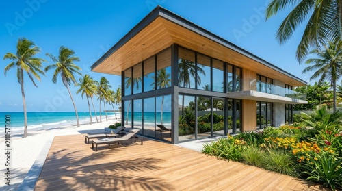 Modern Luxury Oceanfront House with Wooden Deck and Tropical Beach View at Sunny Daylight
