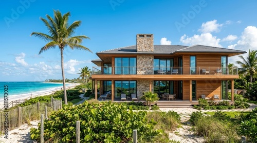 Modern luxury oceanfront house with wooden facade on a tropical beach under clear blue sky