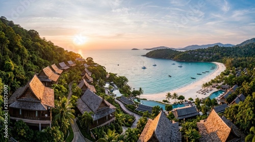 Luxury Thai Resort Villas on Tropical Oceanfront Beach at Sunset Golden Hour