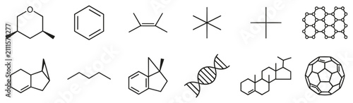 Foto Collection of various chemical and molecular structure line drawings representin