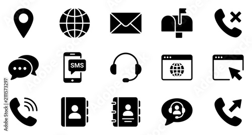 Set of black communication and contact icons including location, globe, mail, mailbox, phone, chat, sms, headset, browser, contacts, and call symbols on transparent background