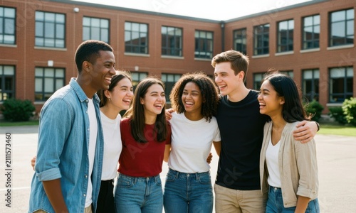 Diverse group of young professionals smiling and standing together outdoors. Multiethnic friends or colleagues posing in front of modern office bui...
