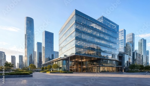 Modern glass office building in a city business district with surrounding skyscrapers under a clear blue sky during a sunny day in the city