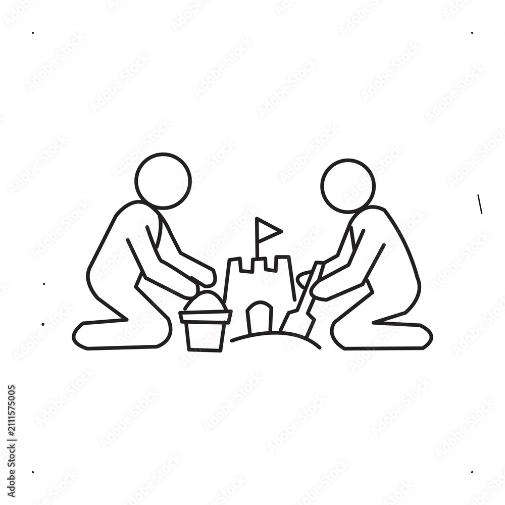 Fototapeta premium Friends and couple building a sandcastle on beach line icon stick figure vector.