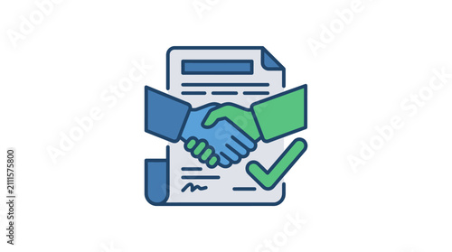Elegant Handshake Agreement with Contract Documents and Checkmark Icon in Modern Blue and Green Color Scheme