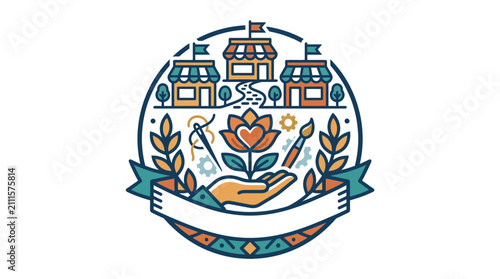 Elegant Handshake Logo with Floral Market and Artistic Elements in Vibrant Blue Orange and Green