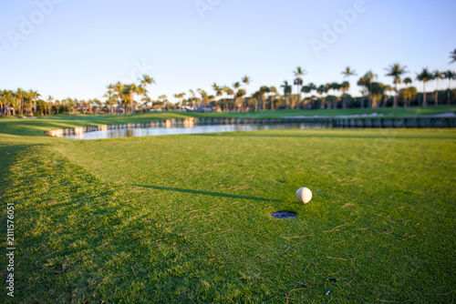 Konstfotografi Golf ball rests beside the hole on a putting green next to a pond and palm trees