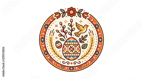 Professional Vibrant Folk Art Easter Egg Basket with Bird Floral and Geometric Patterns in Warm Colors