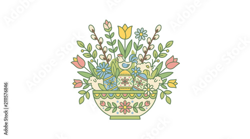 Industrial Style Floral Pot with Folk Art Design Featuring Colorful Eggs Chickens and Flowers in a Vintage Pattern