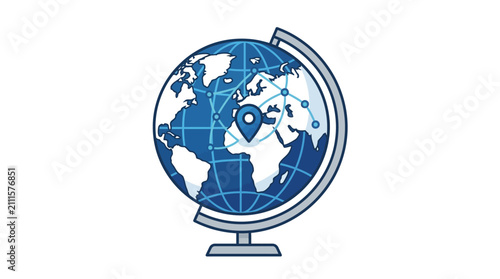 Industrial Style of a Blue Globe with Navigation Pinpoint and Network Connections with high quality professional line art symbols for modern creative design and digital branding projects
