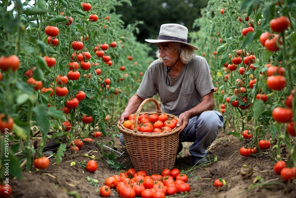 Fototapeta premium Elderly farmer with mustache harvests ripe red tomatoes in a basket