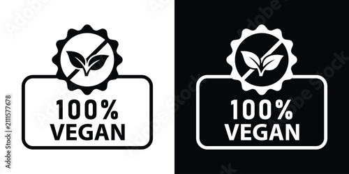 Foto Scalloped badge label with 100% vegan text and leaf symbol, presented in black and white modern minimal sticker formats for organic product design