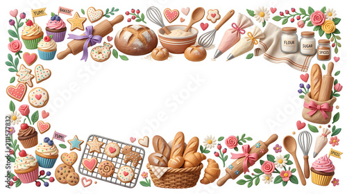Cute bakery horizontal border with cupcakes, cookies, bread, rolling pins, flowers and kitchen elements, premium soft 3D clay illustration, wide empty center copy space for text, isolated on pure whit
