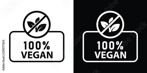 Foto Scalloped badge label with 100% vegan text and leaf symbol, presented in black and white modern minimal sticker formats for organic product design