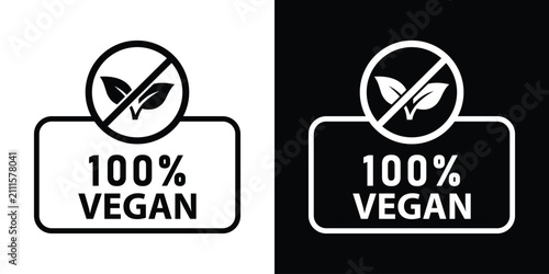 Fotografia Scalloped badge label with 100% vegan text and leaf symbol, presented in black and white modern minimal sticker formats for organic product design