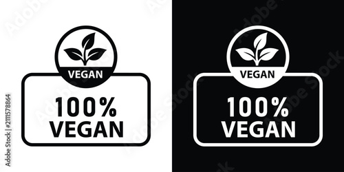 Canvas Print Scalloped badge label with 100% vegan text and leaf symbol, presented in black and white modern minimal sticker formats for organic product design