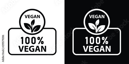 Картината върху платно Scalloped badge label with 100% vegan text and leaf symbol, presented in black and white modern minimal sticker formats for organic product design
