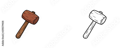 Quadro su tela Cartoon wooden mallet in colored and black line art styles for crushing ice isol