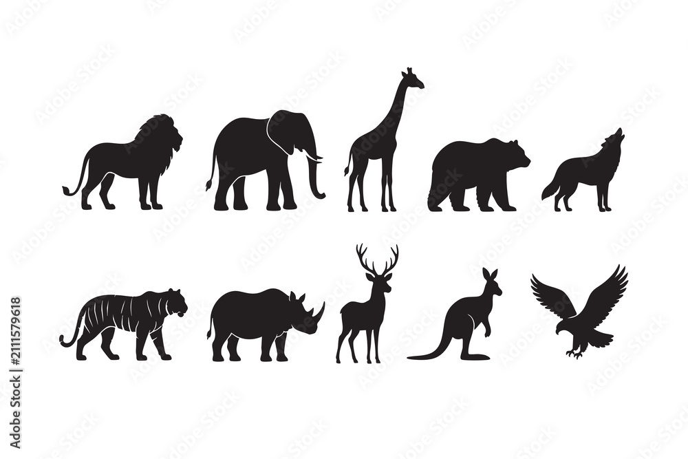 Fototapeta premium Black silhouette collection of wild animals and birds