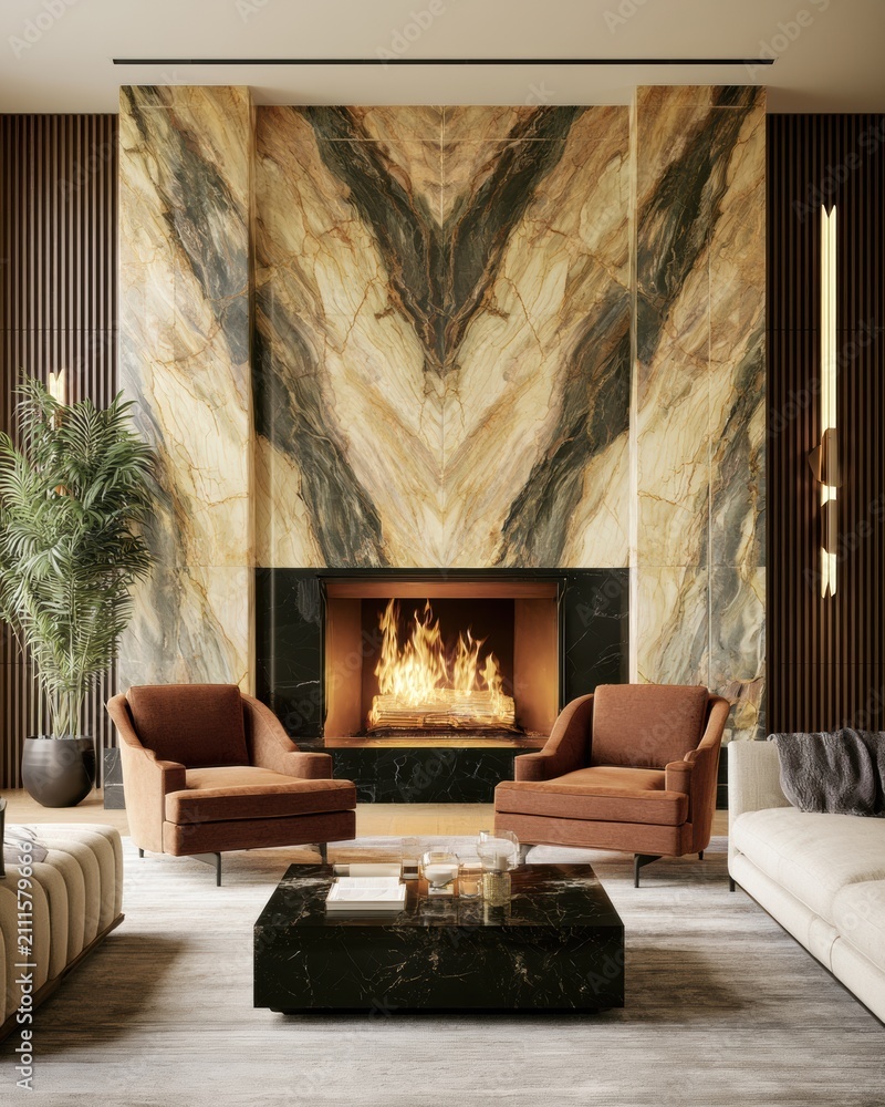Obraz premium A warm living room features a stone fireplace, cozy chairs, and a unique wall pattern that mixes strength and comfort.