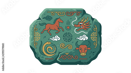 Foto Professional of Chinese Zodiac Symbols on Ancient Stone Carving with Horse Drago