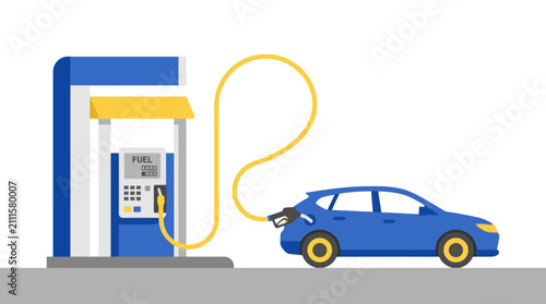 Blue car refueling at a modern gas station pump. EPS Editable. Vector Illustrations.