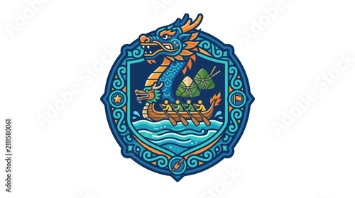 Professional Vibrant of Dragon Boat Race with Cultural Offerings Featuring a Dragon Head Boat and Offering Bundles