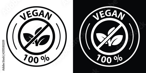 Fotografie Circular 100% vegan badge vector with prominent leaf sprout element, displayed in solid black and inverted white styles for natural food packaging