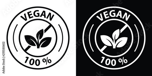 Tableau sur toile Circular 100% vegan badge vector with prominent leaf sprout element, displayed in solid black and inverted white styles for natural food packaging