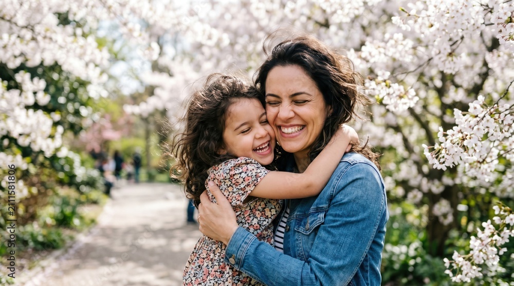 Fototapeta premium Joyful mother and daughter embracing amidst blooming spring cherry blossom trees