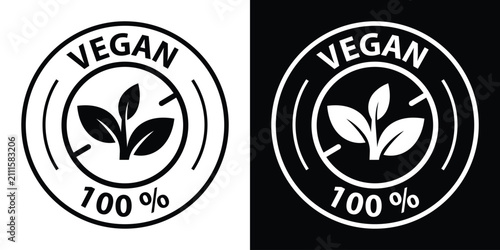 Tableau sur toile Circular 100% vegan badge vector with prominent leaf sprout element, displayed in solid black and inverted white styles for natural food packaging