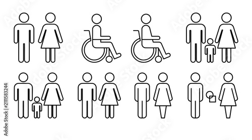Set of diverse human figure icons representing various family and accessibility situations. EPS Editable. Vector Illustrations.