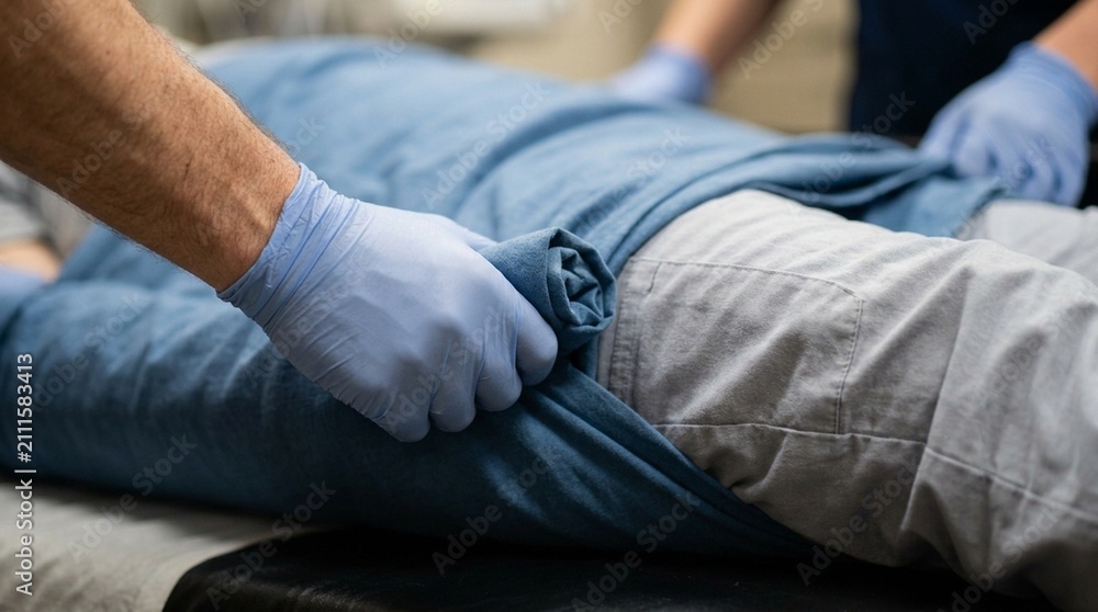 Fototapeta premium Precise Lifting Motion Captured As Two Aides Transfer a Patient onto a Stretcher - Hospital Patient Transport Stock Photo