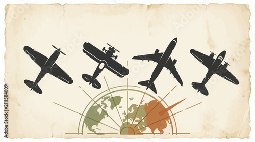 Vintage airplane silhouettes over antique world map navigation design. EPS Editable. Vector Illustrations.