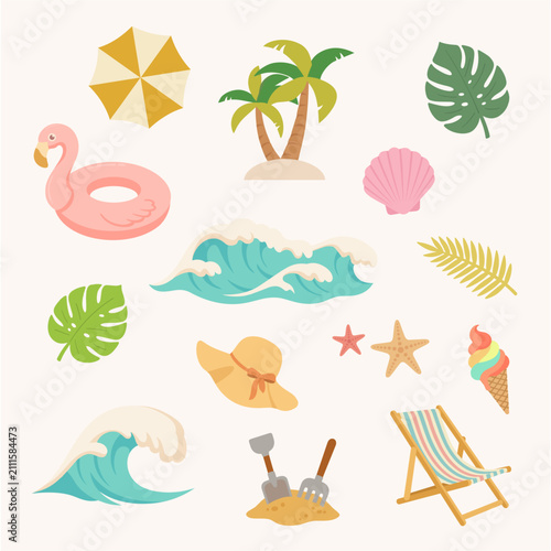 Tropical Beach Holiday Elements Collection - Tropical Palms, Seashells, Ice Cream, Sand Toys, Parasol, and Sea Waves for Summer Design
