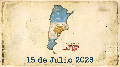 A vintage style map of Argentina featuring the national flag and the Falkland Islands labeled as Islas Malvinas with the date 15 de Julio 2026 printed at the bottom