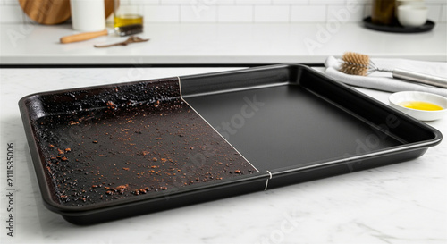 Dirty and clean baking sheet comparison, greasy metal oven tray before and after cleaning, kitchen counter background