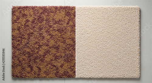 Two-tone carpet samples showing textured pile, brown patterned rug and beige floor covering, interior design materials