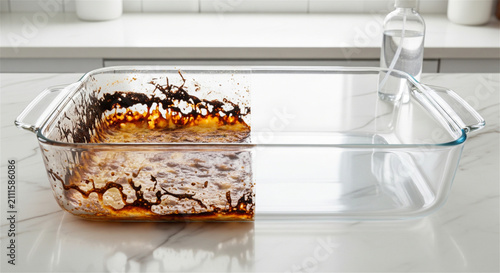 Dirty and clean glass baking dish, before and after cleaning comparison of burnt grease on ovenware, kitchen cleaning product concept