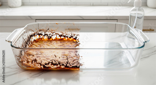 Dirty and clean glass baking dish, before and after cleaning demonstration, burnt food grease on glass casserole pan