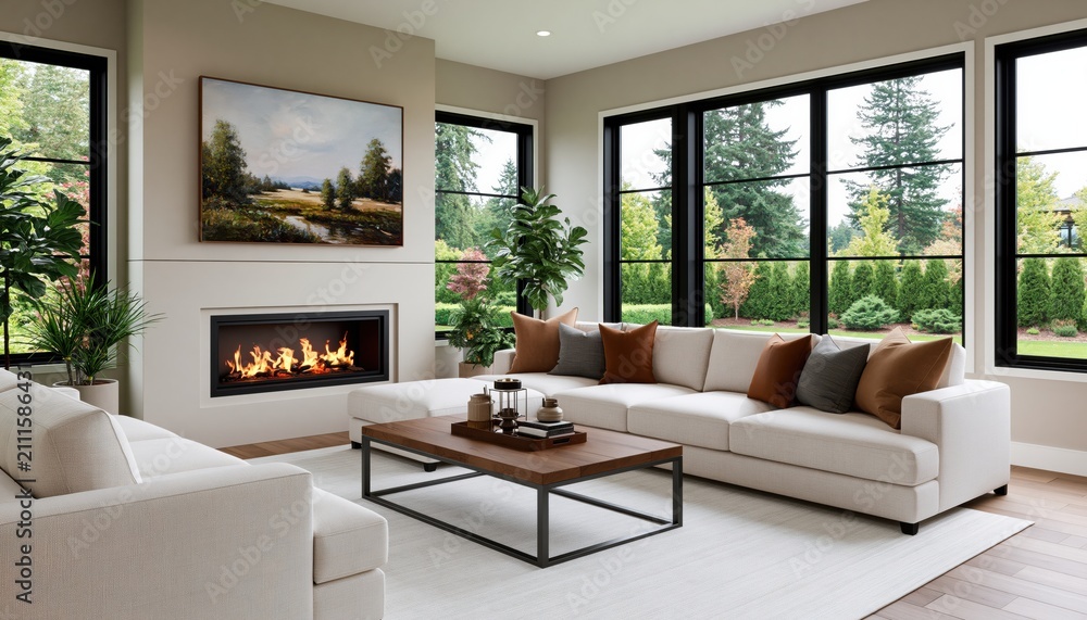 Obraz premium Interior design of a modern luxury living room with a cozy fireplace and sectional