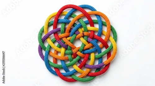 Intricate Celtic Knot design woven from vibrant, colorful ropes, symbolizing unity and connection in a circular pattern against a white background