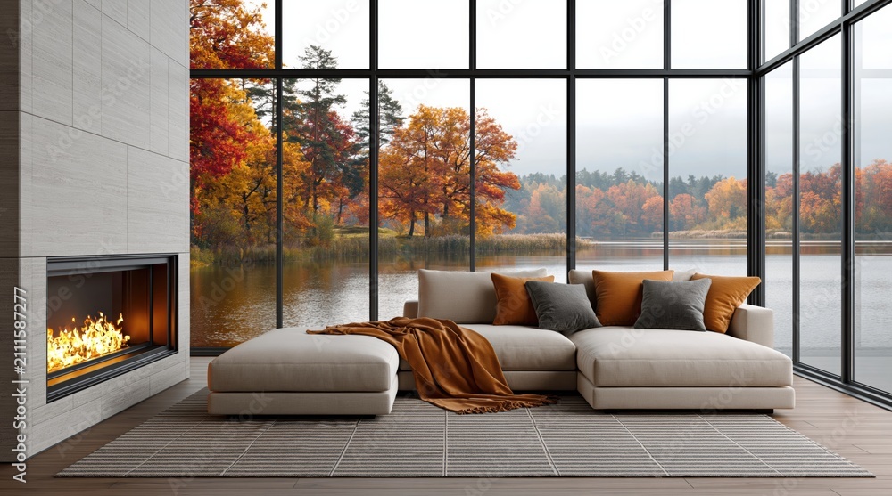 Obraz premium Interior modern living room with cozy fireplace and scenic autumn lake view luxury