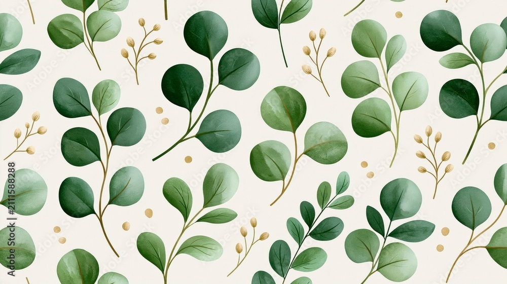 Obraz premium Seamless watercolor pattern with green eucalyptus leaves and golden twigs on a light background. Elegant botanical foliage wallpaper for textile, fabric, and wrap design.