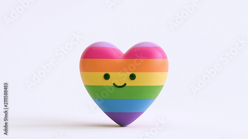 Rainbow heart with a smiley face isolated on white background, representing LGBTQ+ pride, love, and happiness.