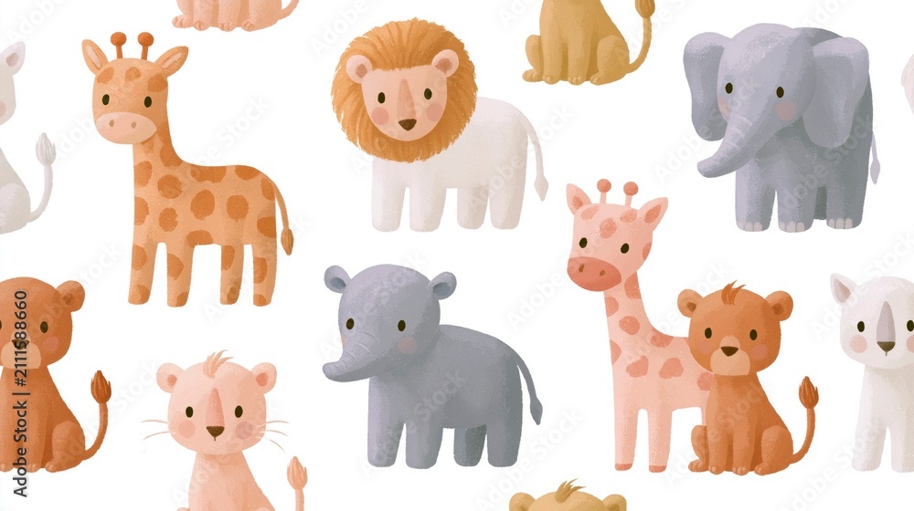 Fototapeta premium Cute Safari Animals Seamless Pattern Illustration with Lion, Elephant, and Giraffe for Kids Nursery and Baby Textiles