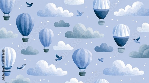 Whimsical Seamless Pattern of Hot Air Balloons, Clouds, and Birds in Blue Sky
