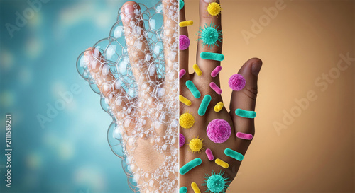 Dirty hand with colorful bacteria versus clean hand with soap bubbles, hand hygiene and washing concept, protection against germs and viruses