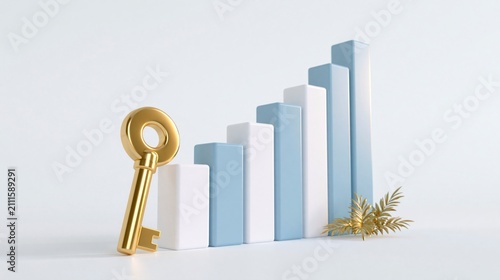 Golden key next to a rising bar chart representing business success and financial growth, 3D rendering