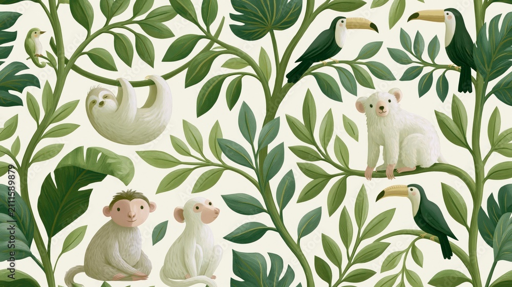 Fototapeta premium Seamless Pattern with Cute Jungle Animals and Tropical Leaves. Hand-painted Illustration with Sloth, Monkey, Toucan, and Koala in Rainforest Foliage.